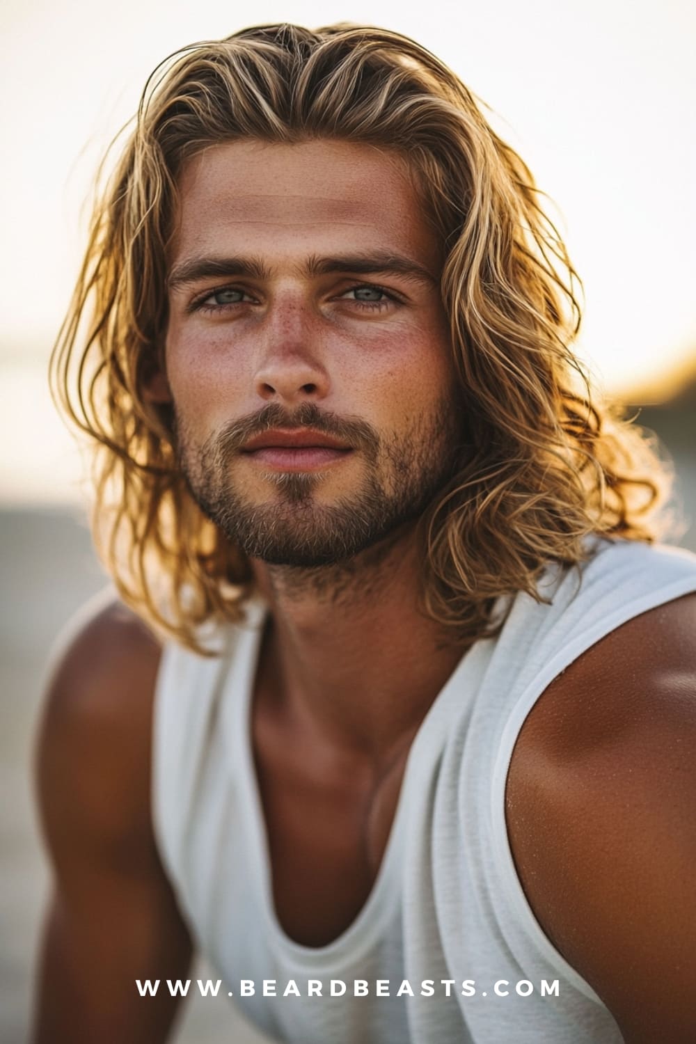 A man with long, wavy hair styled naturally, showcasing one of the stylish haircuts for men. Paired with a light beard and a casual outfit, this look exudes a laid-back, beach-ready vibe, perfect for men embracing longer hair.