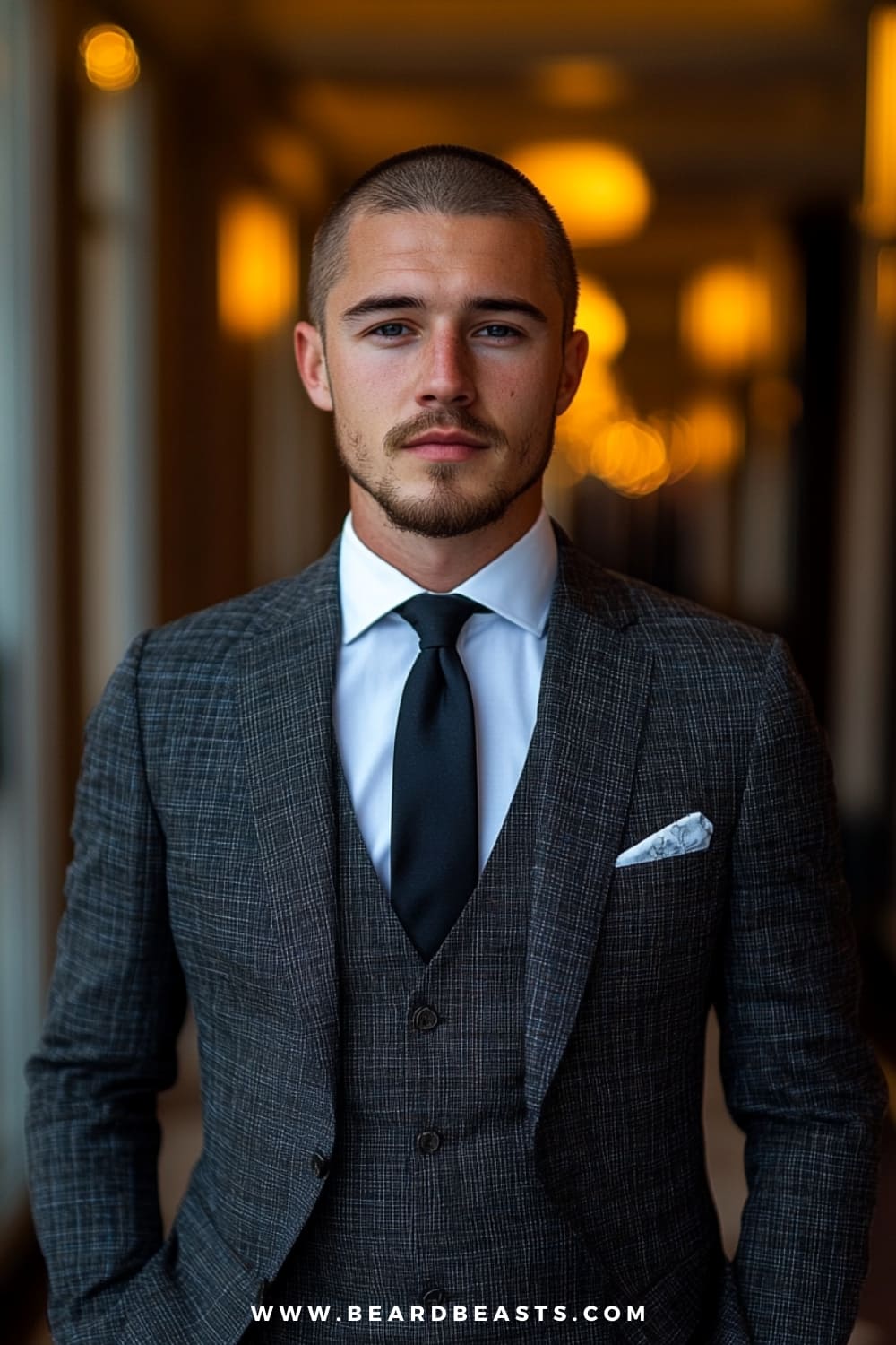 Man with a buzz cut, featuring closely cropped hair that creates a clean and minimalist appearance. This sharp, no-fuss hairstyle is paired with a tailored three-piece suit, exuding a sleek and professional vibe perfect for formal occasions. The buzz cut is an excellent choice for men seeking a low-maintenance yet refined look that pairs well with elegant attire.