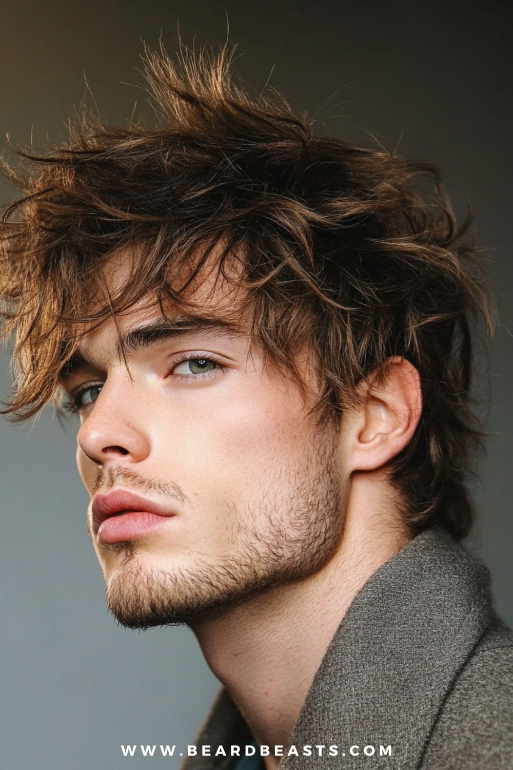 The image features a close-up of a young man with a men's messy shaggy hairstyle. His hair is styled with intentional disarray, featuring tousled, unkempt layers that create a wild, carefree look. The texture is voluminous and full, giving the appearance of effortless styling. His facial hair is a light, well-maintained stubble that complements the rugged vibe of his hairstyle. The lighting highlights the natural movement and depth in his hair, while the soft, blurred background ensures that all attention is drawn to his striking shaggy haircut. This style is perfect for those seeking a bold, edgy look that exudes confidence.