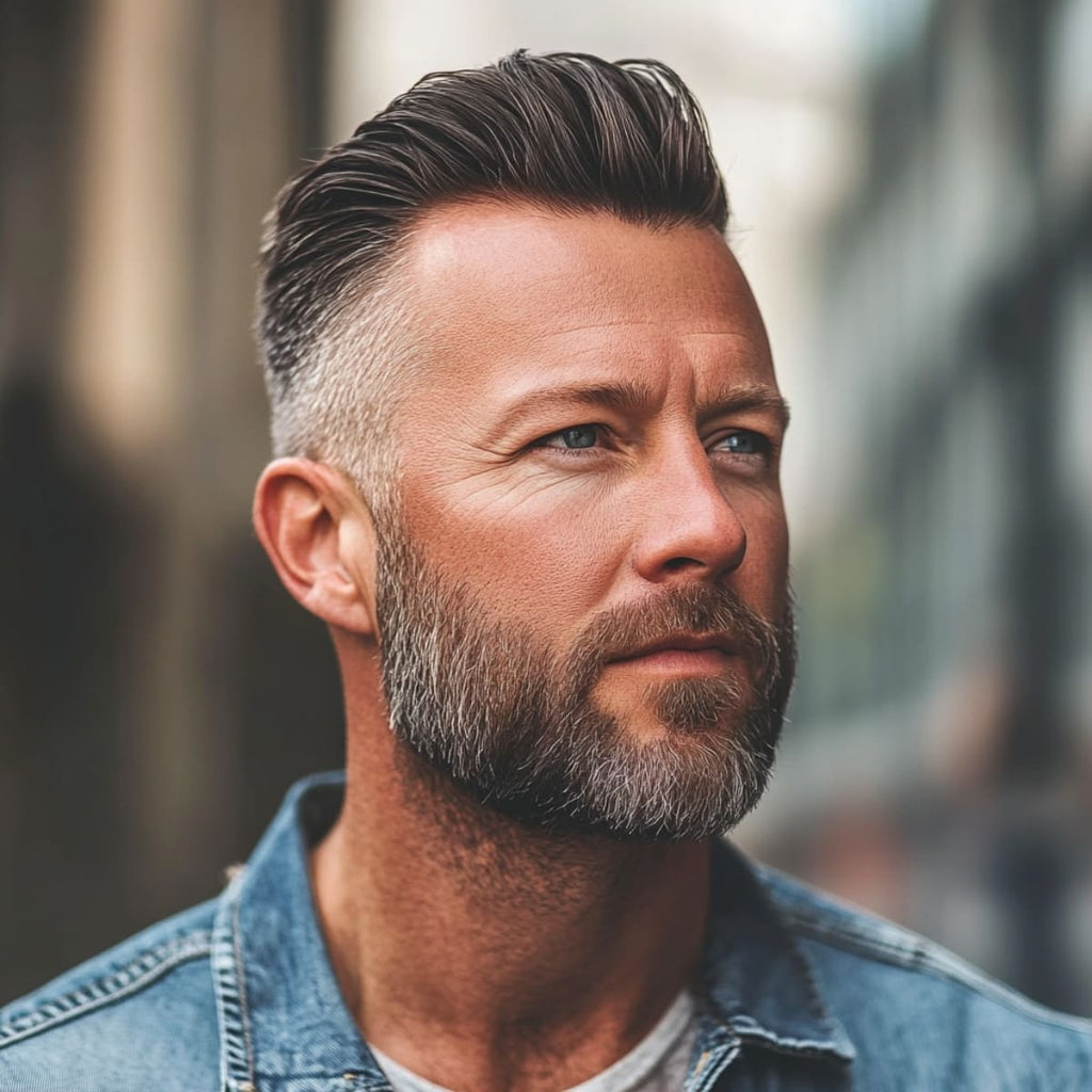 Man over 40 with a modern pompadour haircut, highlighting a stylish choice in haircuts for men over 40. His neatly groomed beard and voluminous pompadour create a sophisticated yet edgy look, perfect for mature men seeking a contemporary style with a touch of classic flair.