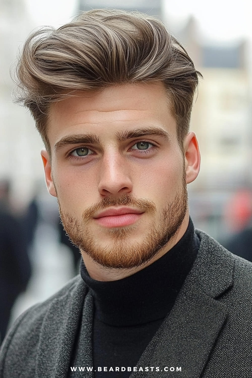 Man sporting a modern pompadour hairstyle, featuring voluminous hair styled upwards and slightly back with a natural flow. The sides are neatly trimmed, creating a balanced contrast with the fuller top. Paired with a subtle beard and formal attire, this look exudes both classic elegance and contemporary flair. Ideal for those seeking a men's formal hairstyle that combines timeless style with a fresh, modern twist.