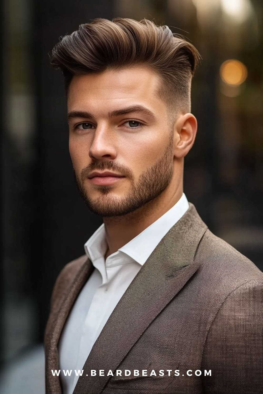 A man with a modern pompadour haircut, featuring voluminous hair swept back on top with shorter, neatly faded sides. Paired with a well-groomed beard and formal attire, this stylish men's haircut highlights a sleek and polished look.