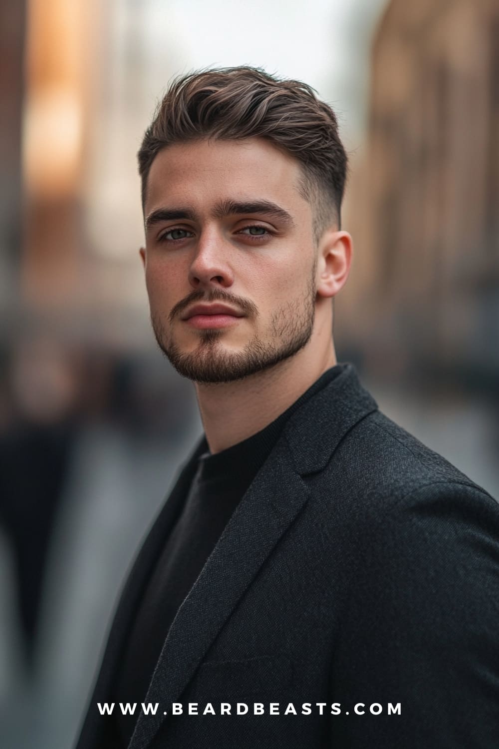 Man with a stylish quiff haircut and light beard, dressed in a dark jacket. The quiff is a popular option among low maintenance haircuts for men, providing a voluminous, modern look that requires minimal styling effort while still looking effortlessly sharp.