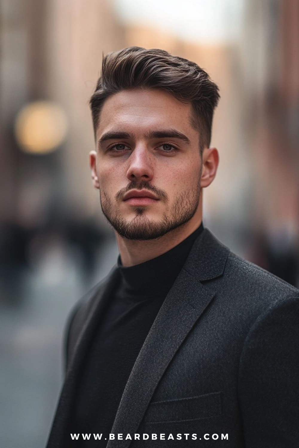 A young man confidently displays a well-styled quiff, one of the popular medium hairstyles for men with thick hair. His thick hair is expertly styled with volume at the front, creating the signature lift and smooth waves of a classic quiff. The sides are neatly tapered, adding to the clean and modern look. He is dressed in a sleek black suit and turtleneck, exuding a sophisticated and contemporary vibe.