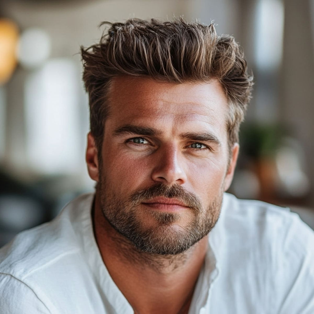 Man with a stylish quiff hairstyle, featuring voluminous, textured hair that adds a modern, confident look. His relaxed expression and well-groomed beard enhance the youthful yet sophisticated vibe of this trendy haircut.