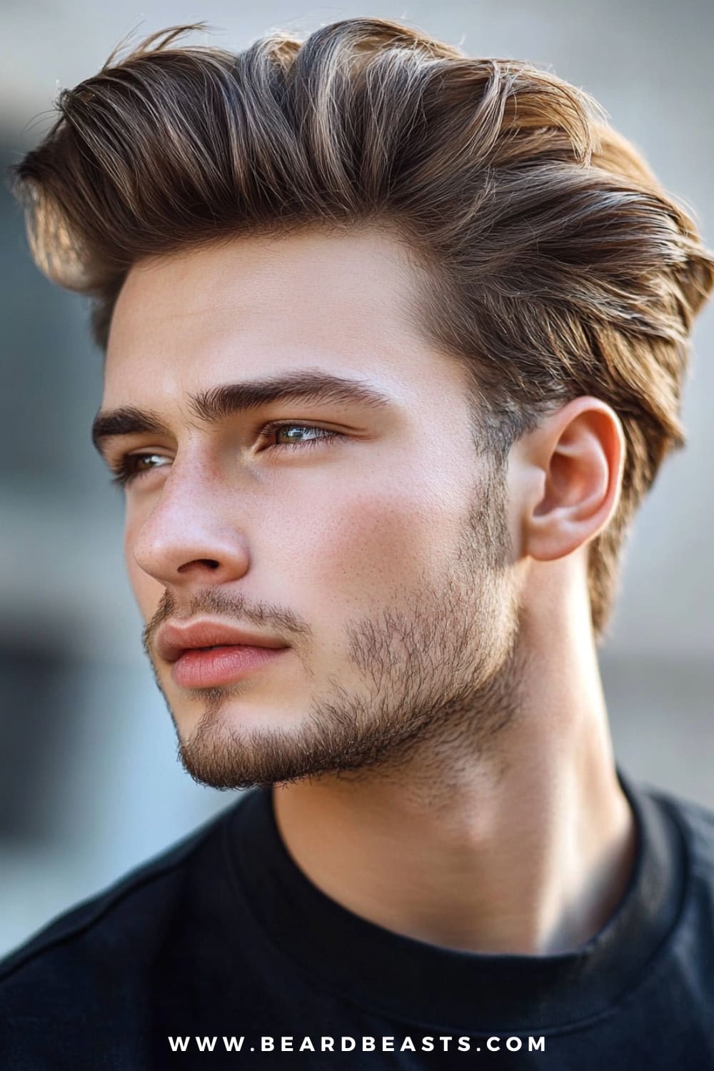 The image features a close-up side profile of a young man with a quiff hairstyle. His hair is styled in a voluminous quiff, with the front section swept upwards and slightly back, creating a bold, elevated look. The sides are neatly tapered, providing a clean contrast to the fuller top. His hair has a smooth texture with a natural shine that catches the light, emphasizing the height and structure of the quiff. He sports a light, well-groomed stubble that complements the polished yet stylish appearance of his hairstyle.