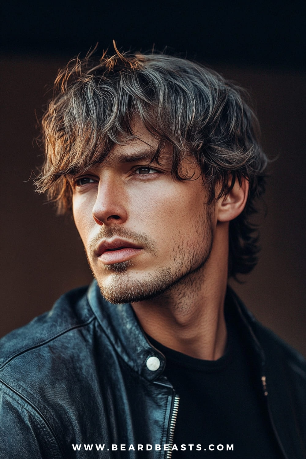 The image features a close-up of a young man with a rocker-inspired shaggy hairstyle. His hair is medium-length, with loose, tousled layers that give it a textured, slightly messy appearance, perfectly embodying a cool, rebellious vibe. The front strands casually fall over his forehead, adding to the laid-back, effortless style. He has a light stubble that enhances the rugged, edgy look. The lighting casts a warm glow on his hair, highlighting the texture and movement. He is wearing a black leather jacket, which complements the overall rock-and-roll aesthetic.