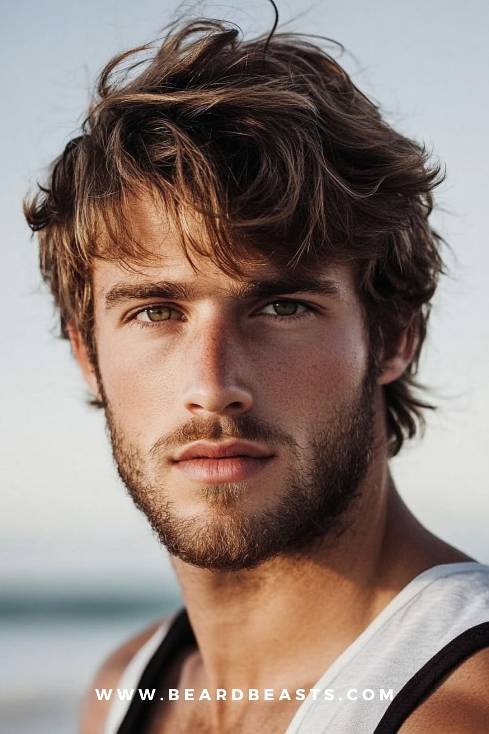 A man with a trendy shag haircut featuring tousled, layered hair that adds volume and texture. This effortlessly cool look, paired with a light beard, exemplifies a relaxed yet stylish haircut for men.