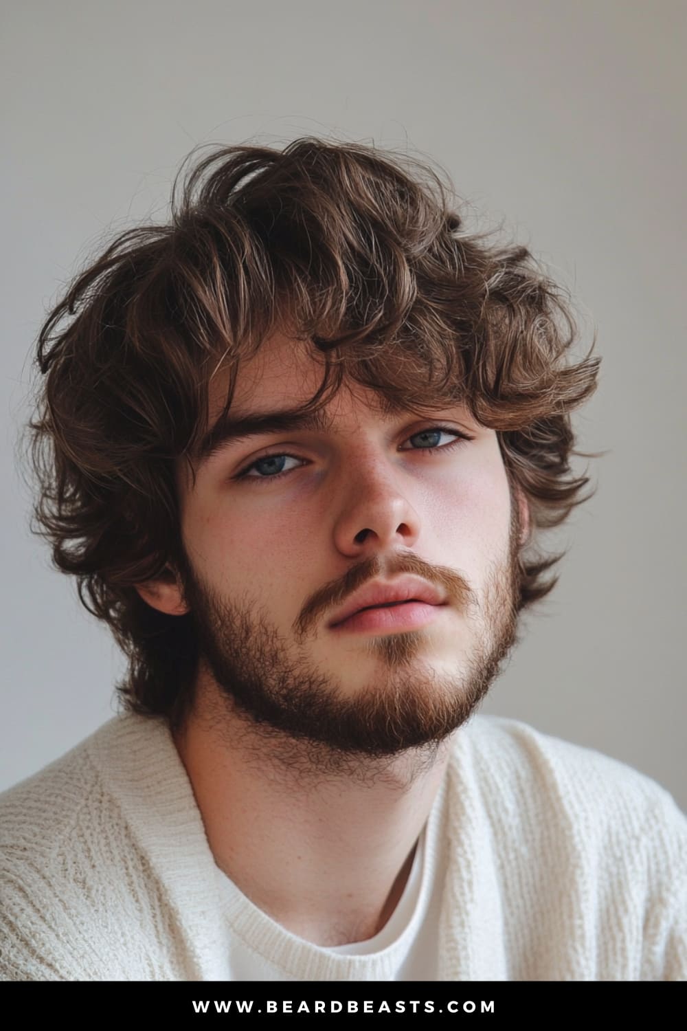 Man with a textured shag hairstyle and light beard, wearing a cozy sweater, giving off a relaxed and effortless vibe. This tousled look is a perfect representation of men's hairstyles for long hair, combining a retro-inspired, laid-back aesthetic with modern appeal.