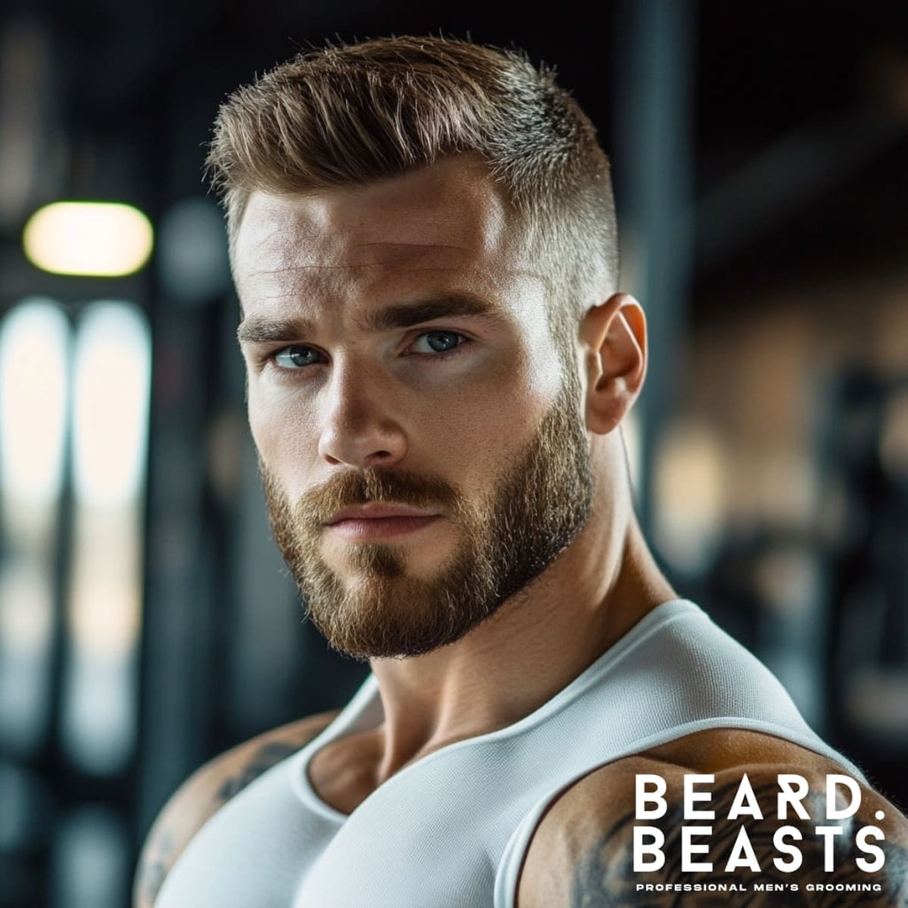 Close-up of a fit man with a short quiff hairstyle, perfectly styled to enhance his sharp features and athletic build. This trendy haircut for bodybuilders combines a sleek, textured top with cleanly faded sides, offering a polished yet masculine look. The neatly groomed beard complements the hairstyle, creating a cohesive and powerful appearance.