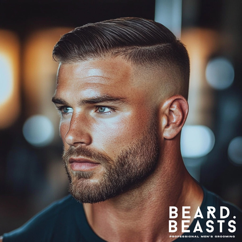 Close-up of a man with a short side part hairstyle featuring a sleek, neatly combed top and a sharp fade on the sides. The haircut emphasizes clean lines and a polished look, complemented by a well-groomed beard that frames his strong jawline. The soft lighting highlights his facial features and adds depth to the stylish, modern appearance.