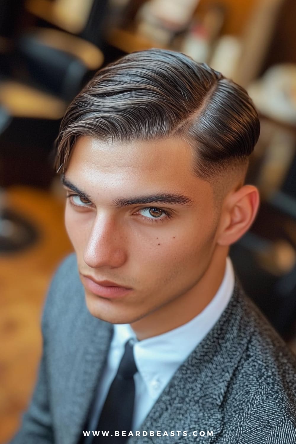 Man sporting a sleek side part hairstyle, with neatly combed hair and a clean fade on the sides, creating a sharp and polished look. Paired with a grey blazer and tie, this classic style is perfect for formal events, showcasing one of the most timeless and elegant men's formal hairstyles.