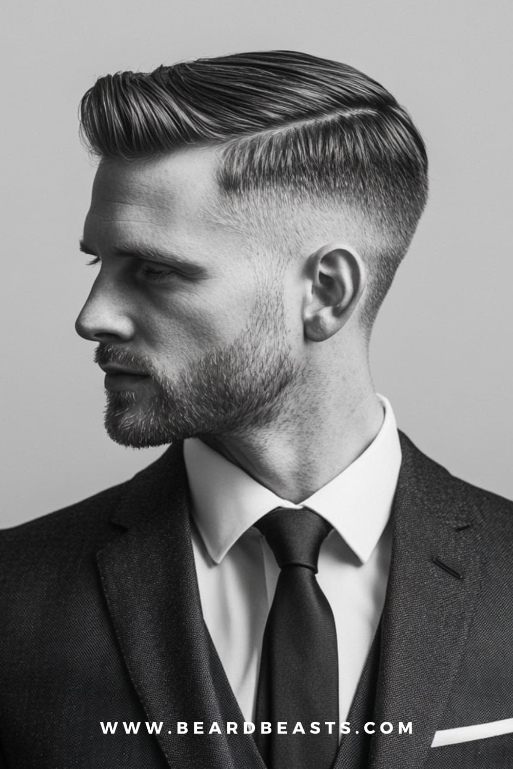 Black and white image of a man with a classic side part hairstyle, styled neatly using pomade for a sleek and polished finish. The hairstyle features a sharp part with clean lines, ideal for professional or formal settings. The man is wearing a suit and tie, complementing the sophisticated and timeless look. Perfect example of a stylish men's pomade hairstyle for 2024.