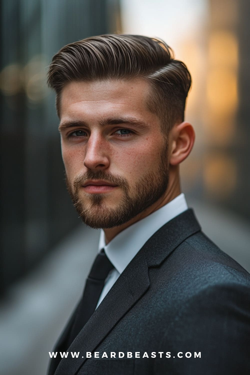 A man with a sharp side part haircut, featuring neatly combed hair with a clean fade on the sides. The hairstyle, combined with a well-groomed beard and formal suit, presents a sophisticated and classic men's look.