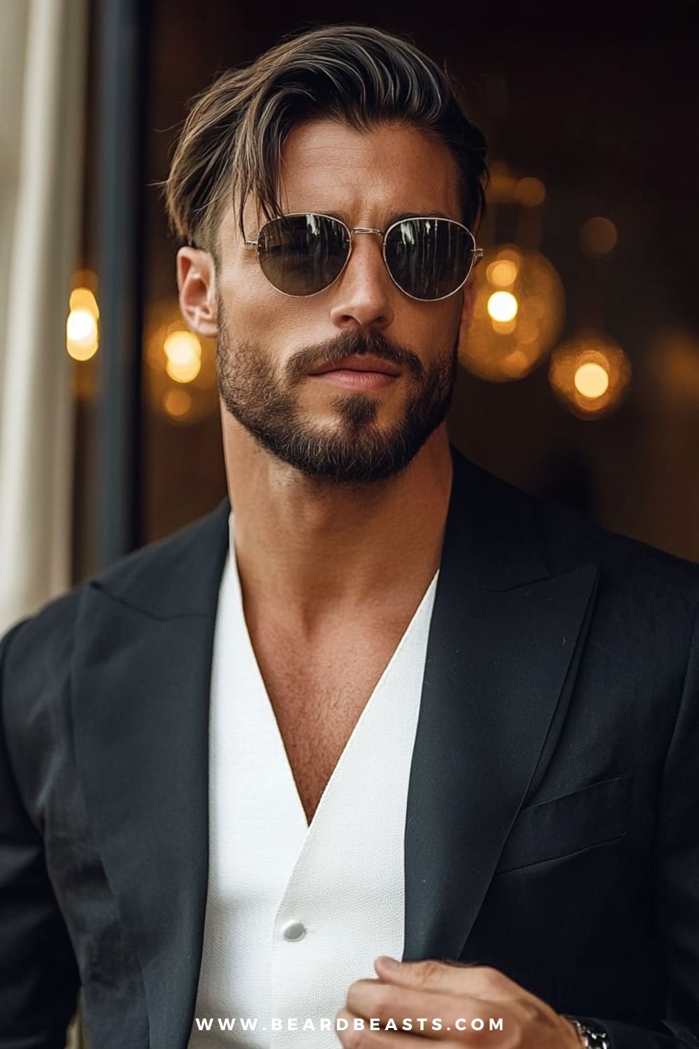 Man with a side-swept hairstyle, featuring longer, textured hair on top that is casually swept to the side, paired with a short, clean fade on the sides. This effortlessly stylish look is perfect for formal occasions, blending laid-back charm with a sophisticated edge. With sunglasses, a neatly trimmed beard, and a classic black blazer over a white shirt, this ensemble offers a modern take on men's formal hairstyles, ideal for confident, fashion-forward individuals.