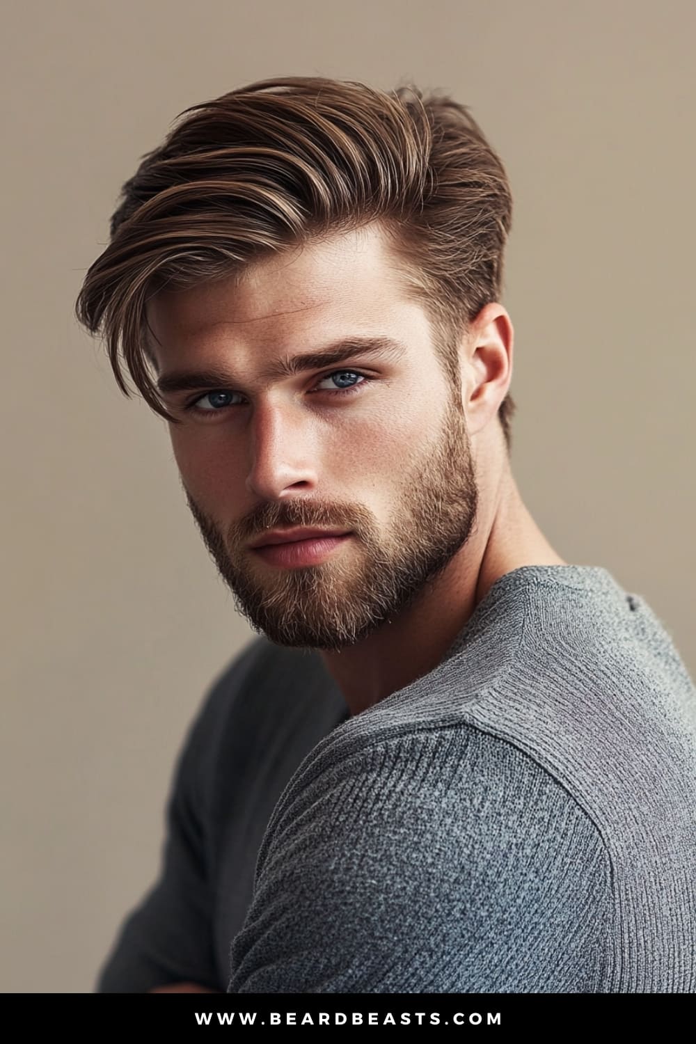 A young man with a polished and sophisticated side-swept haircut. His hair is neatly styled with volume at the top, sweeping elegantly to one side, creating a smooth, refined look. The subtle layers in his hair add texture and movement, giving the style dimension without being overly dramatic. Paired with a well-groomed beard and a soft gray knit sweater, his overall appearance is effortlessly stylish, projecting confidence and modern charm. The natural lighting highlights the definition in his hair and facial features, completing this sleek, timeless look.