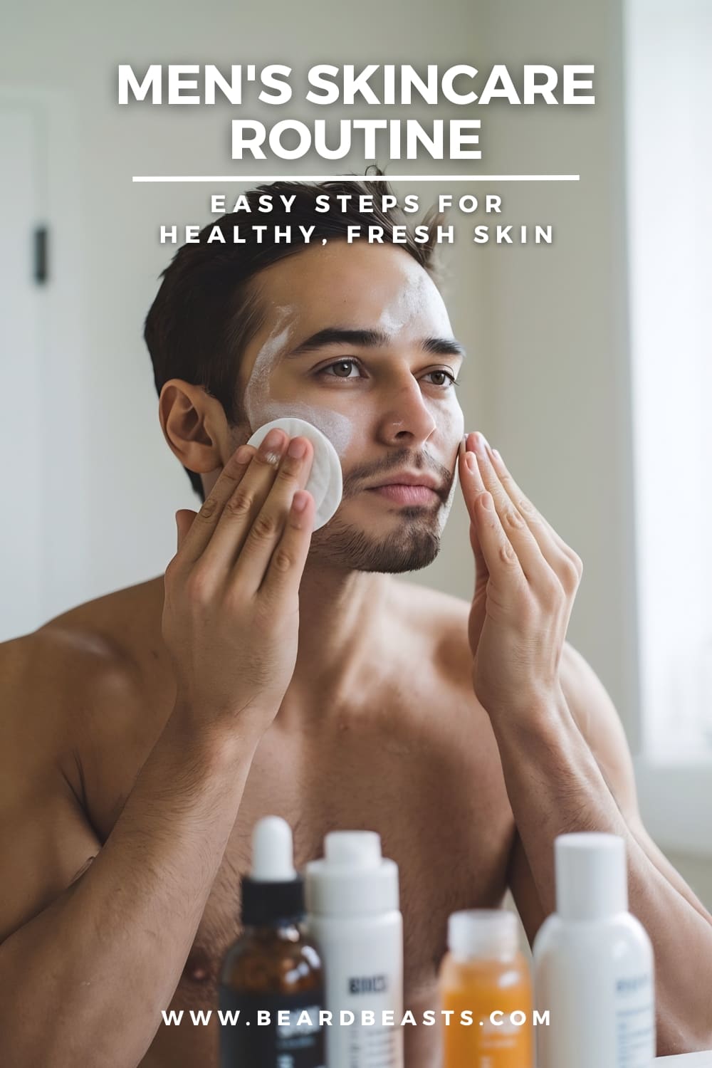 A man applies skincare products to his face, demonstrating a step in a men's skincare routine. He uses a cotton pad to cleanse his skin, with various skincare products visible in the foreground. The image promotes a healthy, fresh skin routine for men, with the text "Men's Skincare Routine: Easy Steps for Healthy, Fresh Skin" and the website www.beardbeasts.com.