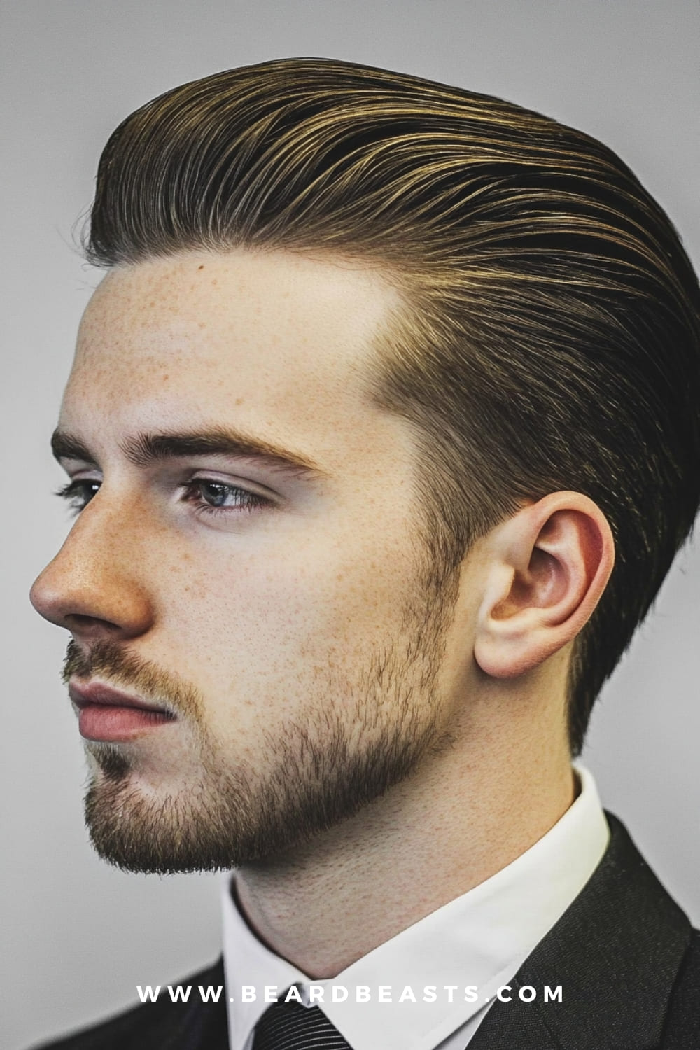 Side profile of a man with a slick back hairstyle, perfectly styled using pomade. The sleek and polished look complements his formal suit and tie, making it ideal for business or formal settings. This image showcases one of the classic men's pomade hairstyles, with the pomade providing a smooth and shiny finish for a clean, professional appearance.