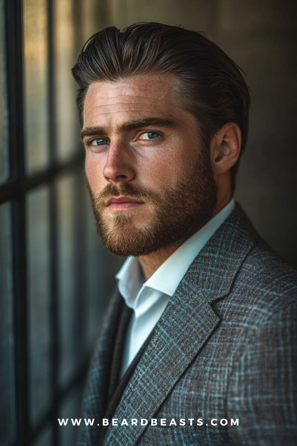 A man with a sleek slick back hairstyle, featuring smoothly combed hair and a full beard. Dressed in a plaid suit, this look exudes sophistication and timeless style, making it a classic choice for modern men.