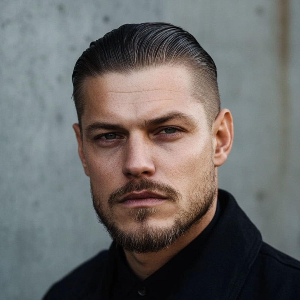 A close-up portrait of a man with a slicked-back fade, a great haircut choice for guys with small heads. The hair on top is styled back smoothly, adding length and definition to the head shape, while the sides are tapered with a sharp fade, providing contrast and structure. This slicked-back style gives a polished and strong look, enhancing facial features and creating a balanced appearance. Ideal for men with smaller heads looking for a sophisticated, classic haircut.