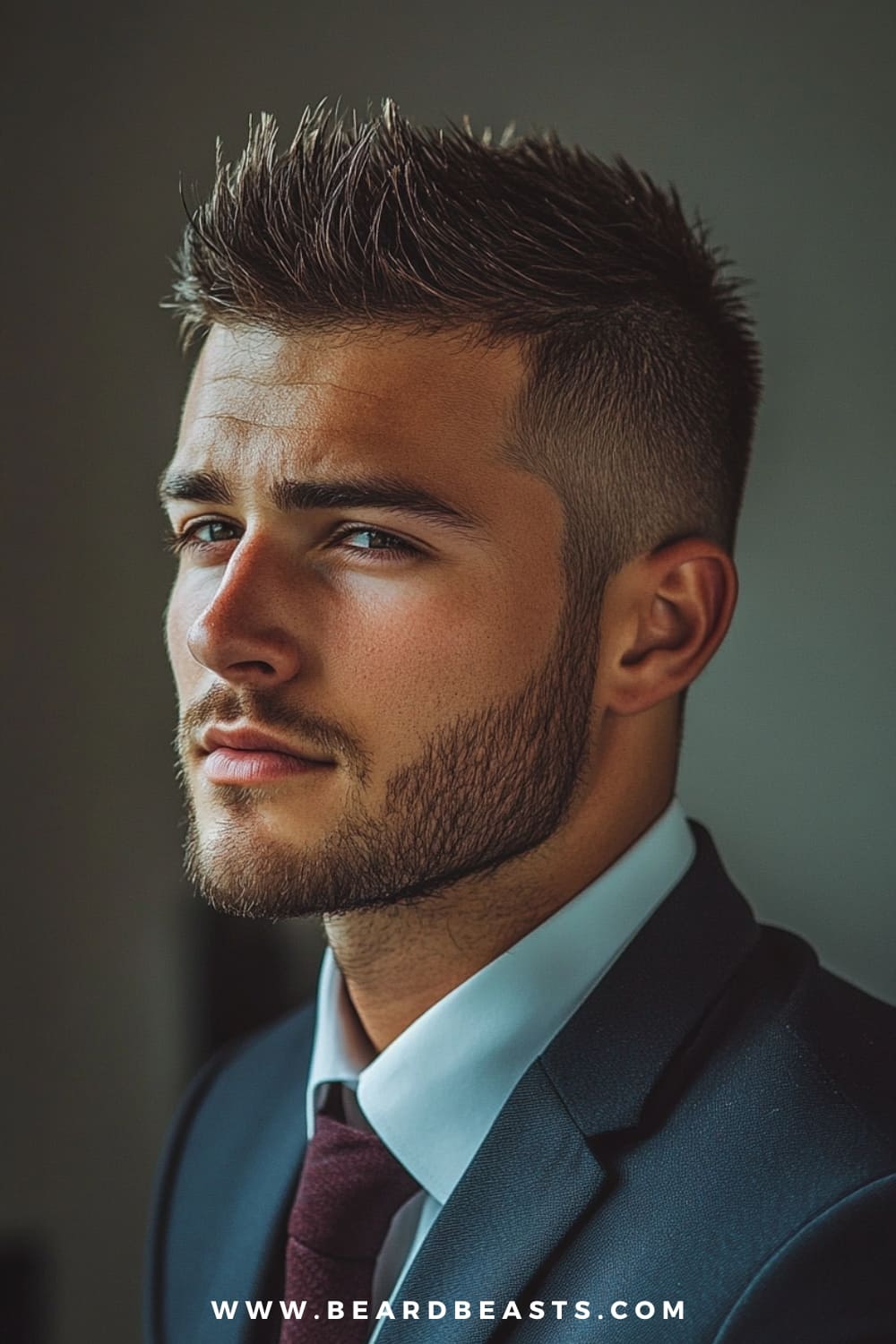 A man confidently sports a spiky hairstyle, a bold choice among hairstyles for men with thick straight hair. His thick, straight hair is styled upwards into sharp spikes, creating a dynamic and edgy look, while the sides are neatly tapered for a clean finish. He has a well-groomed beard that complements his strong jawline, and he is dressed in a sharp suit and tie, blending his edgy hairstyle with a polished, professional appearance.