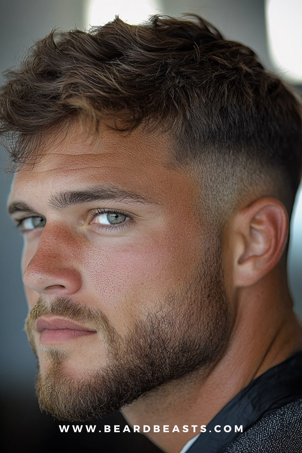 Taper Fade Hairstyle - A modern gentleman's haircut featuring textured, messy hair on top with a clean taper fade on the sides, paired with a neatly trimmed beard for a rugged yet polished look.