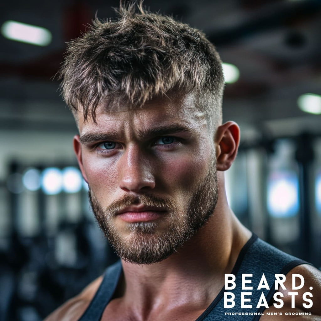 Close-up of a muscular man with a textured crop haircut, showcasing choppy layers on top paired with a clean fade on the sides. This trendy hairstyle for bodybuilders emphasizes his strong jawline and athletic build, offering a stylish and gym-friendly look. The messy yet deliberate texture adds a modern edge, perfect for low-maintenance yet bold styling.