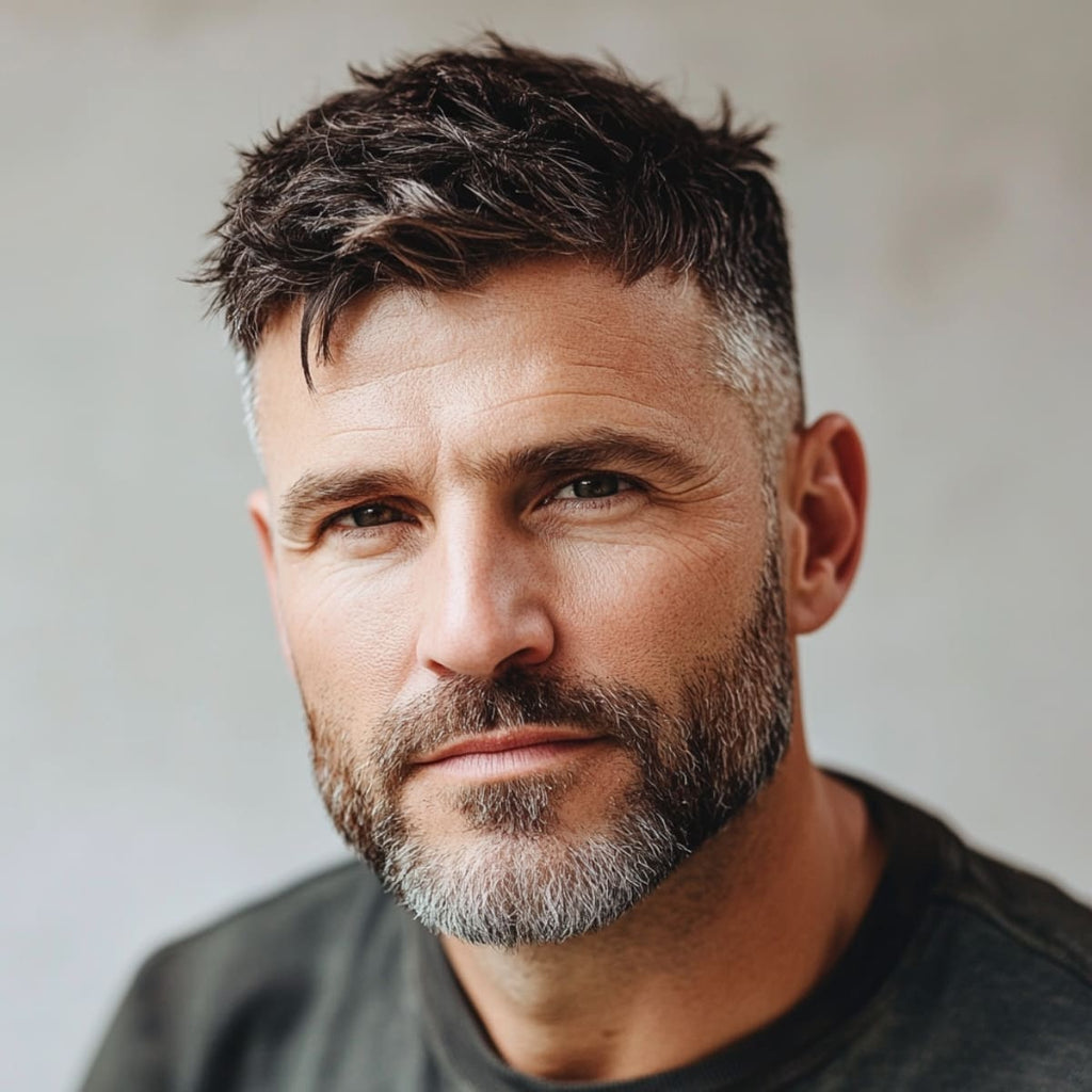 Man over 40 with a stylish textured crop haircut, showcasing one of the best haircuts for men over 40. His confident expression and well-groomed beard add to the modern, rugged appeal of this versatile and trendy hairstyle for mature men.