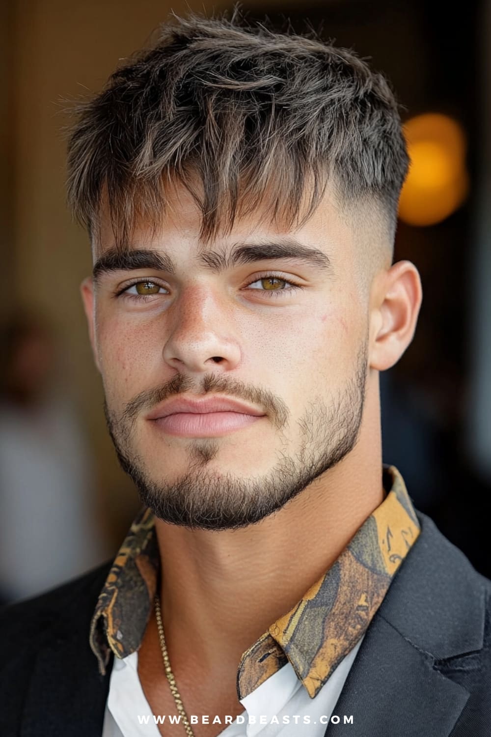 Man with a textured crop hairstyle, featuring short, messy layers on top with a blunt fringe that falls naturally over the forehead. The sides are faded, creating a sharp contrast with the textured top. This laid-back yet stylish look is perfect for men who want a low-maintenance yet trendy option for formal events. Paired with light facial hair and a casual suit, this style offers a modern twist on men's formal hairstyles, blending ease with sophistication.