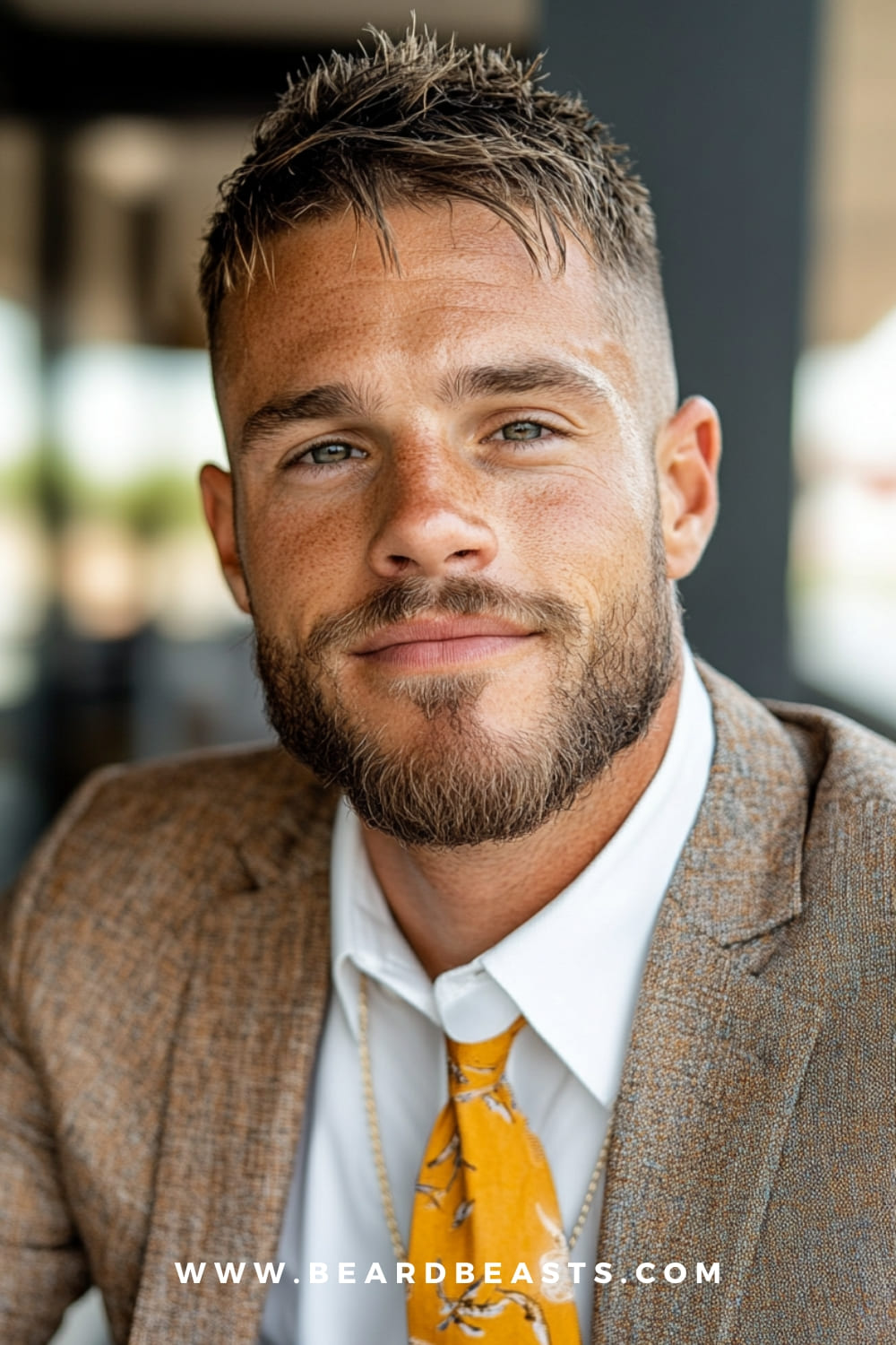 A man with a stylish textured crop hairstyle, perfectly styled with pomade for a natural, tousled look. His hair is short with defined texture on top, complemented by a neat fade on the sides. He is wearing a suit with a yellow tie, exuding a casual yet sharp appearance.