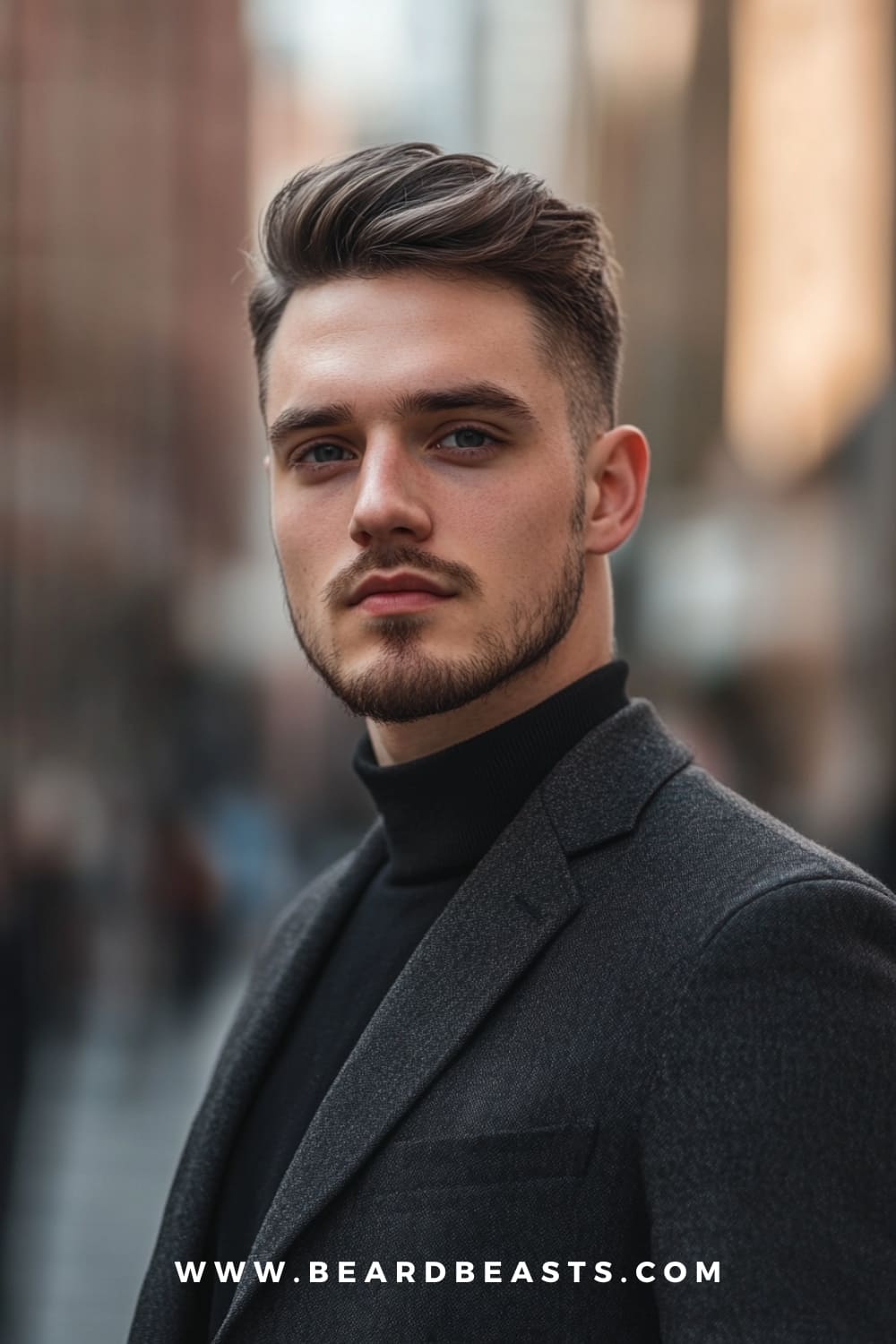 A man with a stylish textured quiff haircut, featuring voluminous, swept-back hair on top with shorter, neatly tapered sides. Combined with a neatly trimmed beard and dressed in a sleek black suit, this trendy men's haircut exudes sophistication and modern style