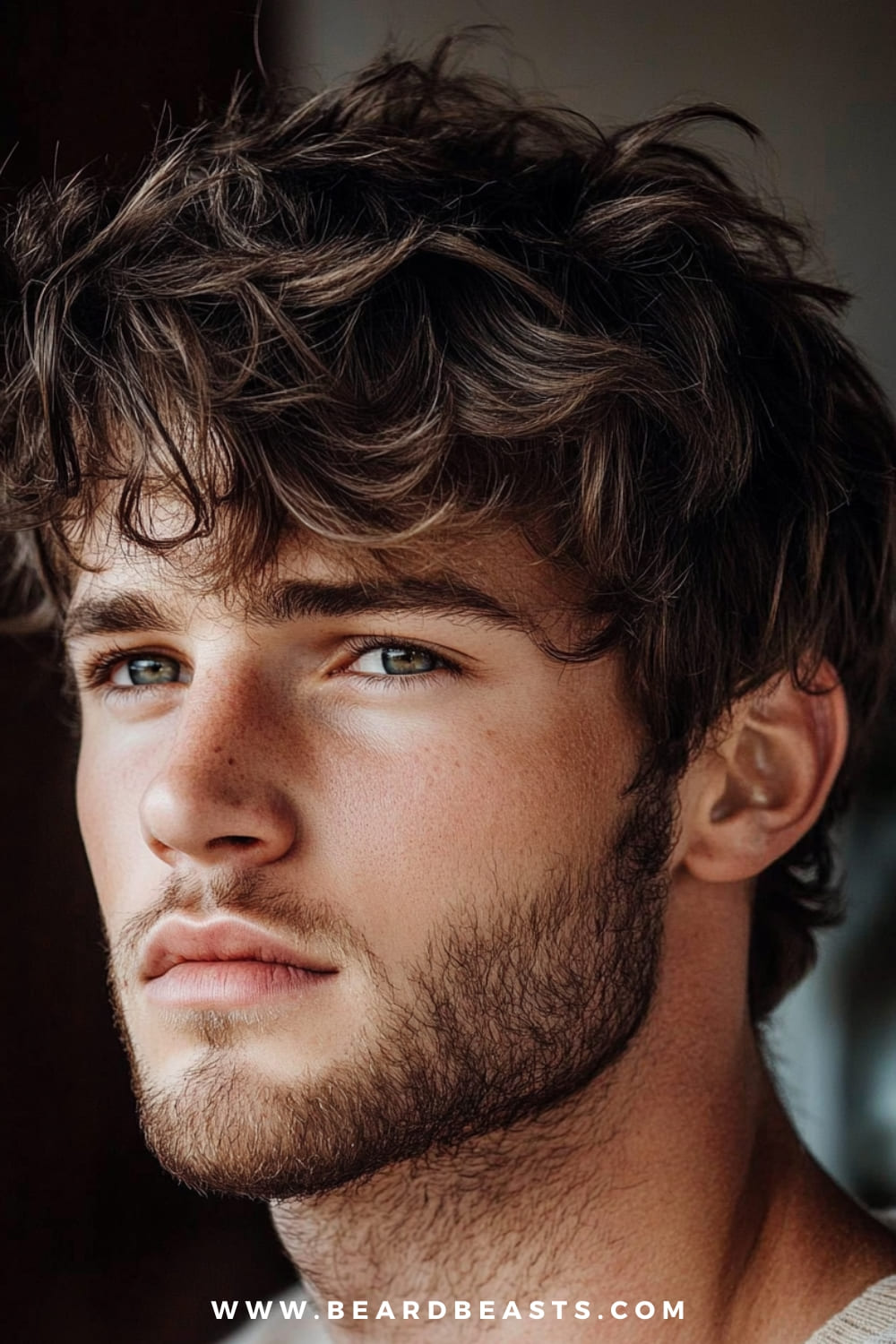 The image features a close-up of a young man with a textured shaggy hairstyle. His hair is thick, with messy, tousled layers that give it a voluminous and rugged appearance. The loose waves and natural texture create a dynamic, lived-in look that exudes casual confidence. His facial hair is a full but neatly groomed beard, complementing the rough yet refined style of his haircut.