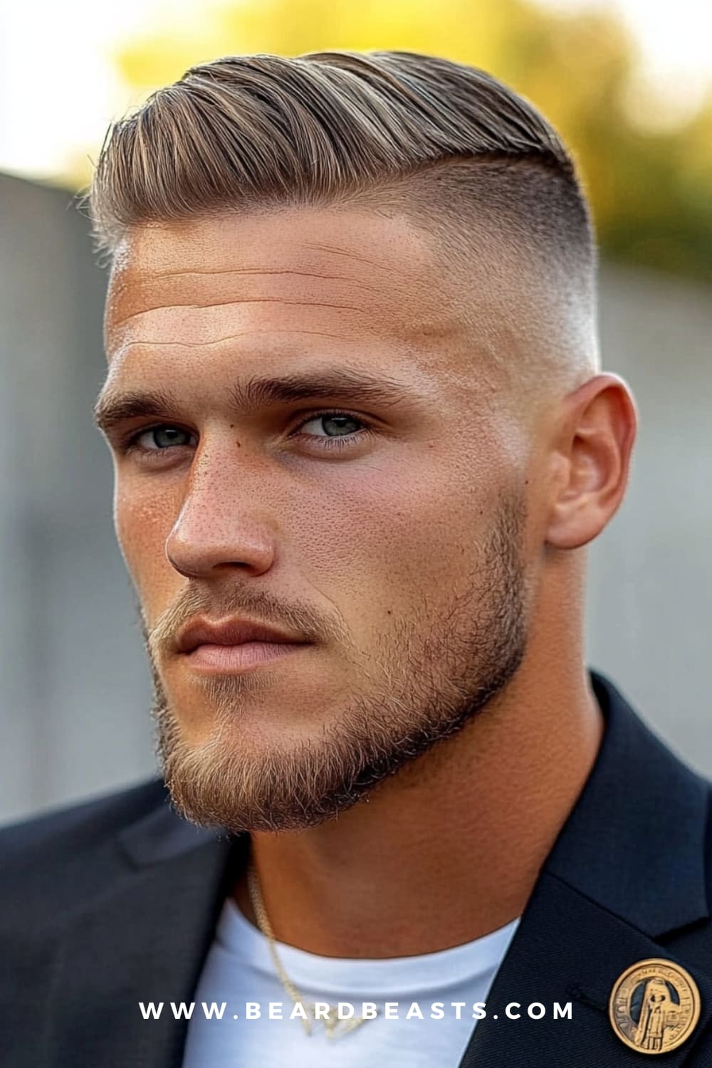 Undercut Hairstyle - A bold gentleman's haircut featuring a slicked-back top with a sharp undercut fade, paired with a neatly trimmed beard for a clean, modern look.