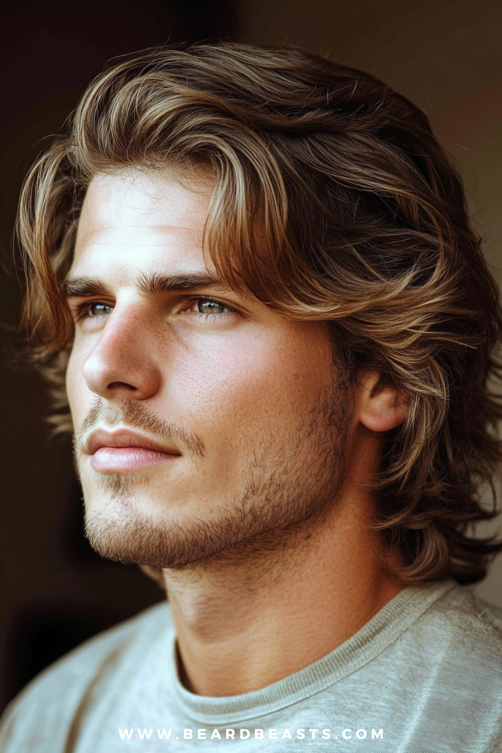 The image features a close-up of a young man with a men's wavy shaggy hairstyle. His hair is medium-length, with soft, flowing waves that cascade naturally around his face. The waves add volume and texture, creating a relaxed yet sophisticated look. The hair is parted slightly off-center, allowing the waves to frame his forehead and accentuate his facial features. His facial hair is light and neatly trimmed, complementing the casual elegance of his hairstyle. The warm lighting enhances the natural highlights in his hair, while the blurred background keeps the focus on his wavy shaggy haircut. This style is ideal for those seeking a blend of effortless style and polished appearance.