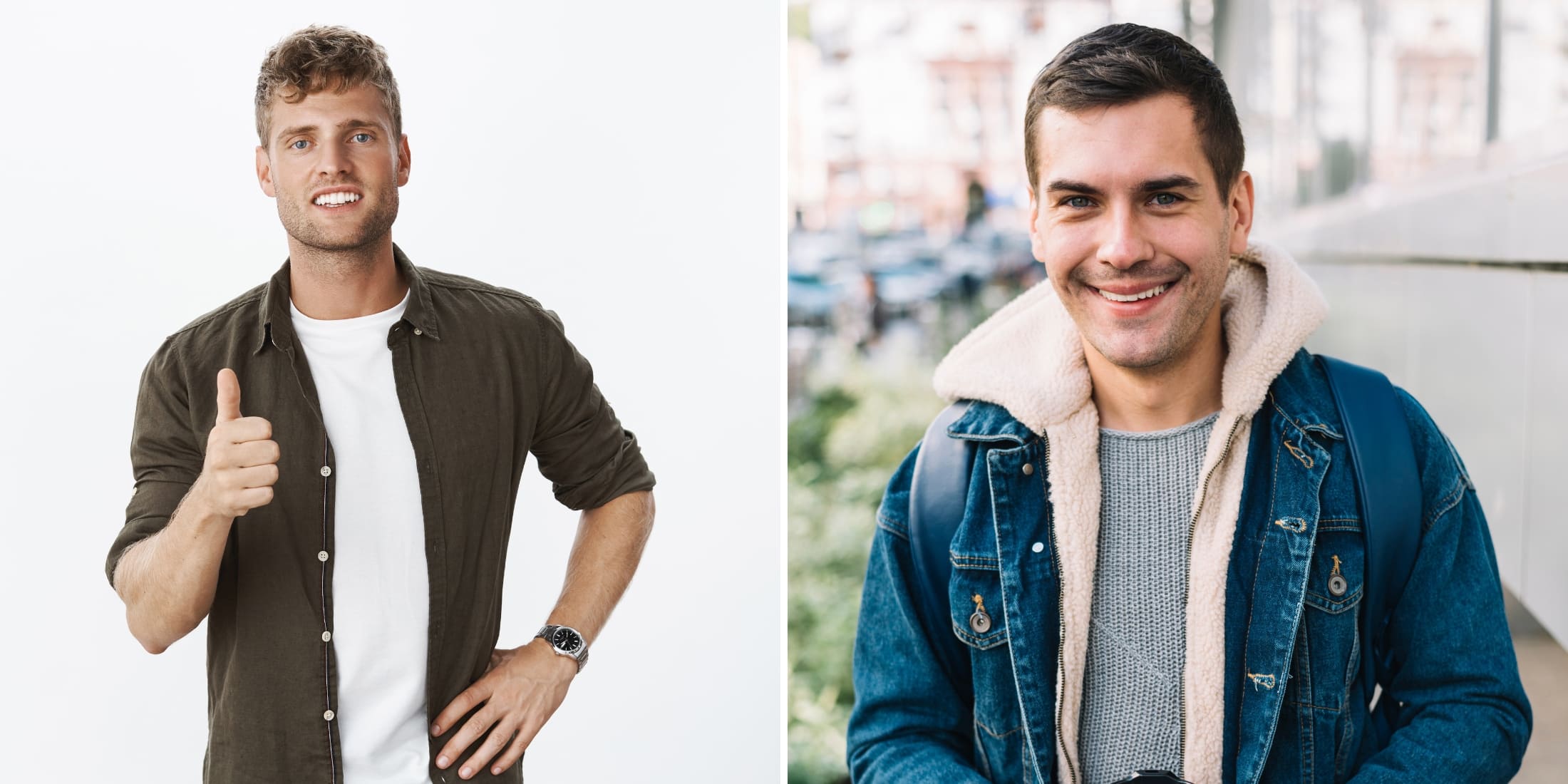 Two men showcasing stylish 2mm beards. On the left, a man with light brown hair gives a thumbs-up, wearing a green button-up shirt over a white t-shirt, smiling confidently against a plain white background. On the right, a man with dark hair smiles warmly, dressed in a gray sweater under a blue denim jacket with a shearling collar, standing outdoors in a city setting. Both men exemplify the neat and polished look of a well-maintained 2mm beard.