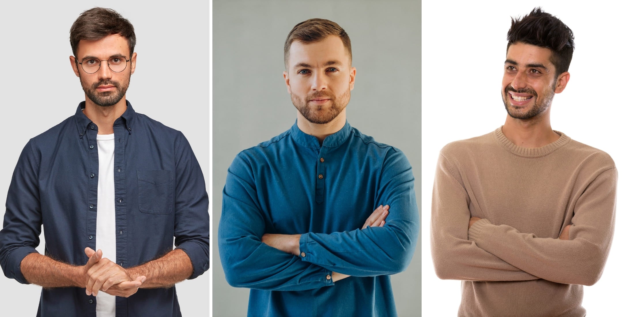 Three men showcasing well-groomed 7mm beards: The first man has a short, dark haircut and wears glasses with a navy blue shirt, exuding a professional yet approachable look. The second man, with light brown hair and a close-cropped hairstyle, wears a blue Henley shirt, highlighting his sharp and clean-cut appearance. The third man sports a spiky, dark hairstyle and a beige sweater, giving off a casual and friendly vibe. All three men demonstrate the versatility and style of the 7mm beard, suitable for various hair types and personal styles.