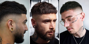 Three men with Caesar haircuts: The first has a high fade and large gauge earrings, the second features a textured top with a full beard, and the third sports a short Caesar with a high fade, glasses, and face tattoos