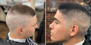 The image features two men showcasing different styles of high and tight haircuts.