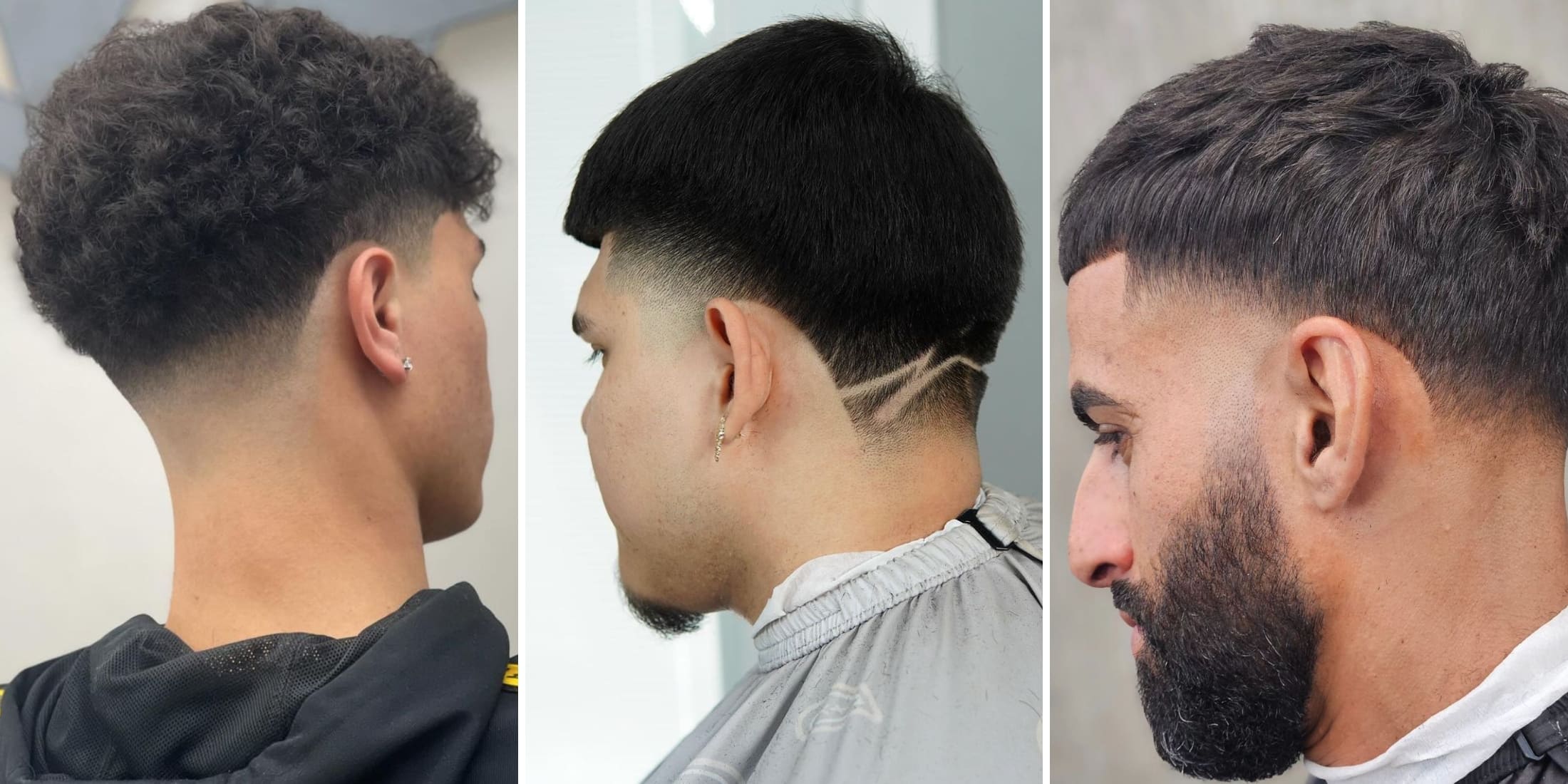 A collage of three side views showcasing different men with high taper haircuts. Each haircut features a dramatic fade starting higher on the head, around the temples, creating a striking contrast between the longer hair on top and the shorter sides and back. The first image shows a man with curly hair, emphasizing the sharp transition and the neat, clean lines of the high taper. The second image displays a man with straight hair and a unique design shaved into the tapered section, highlighting the versatility and edgy appeal of the high taper. The third image depicts a man with thick, dark hair and a well-groomed beard, demonstrating how the high taper complements facial hair and adds a modern, polished look.