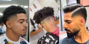 Three men showcasing different high taper haircuts: the first with a textured high taper, the second with a high taper and intricate design, and the third with a high taper side part. 