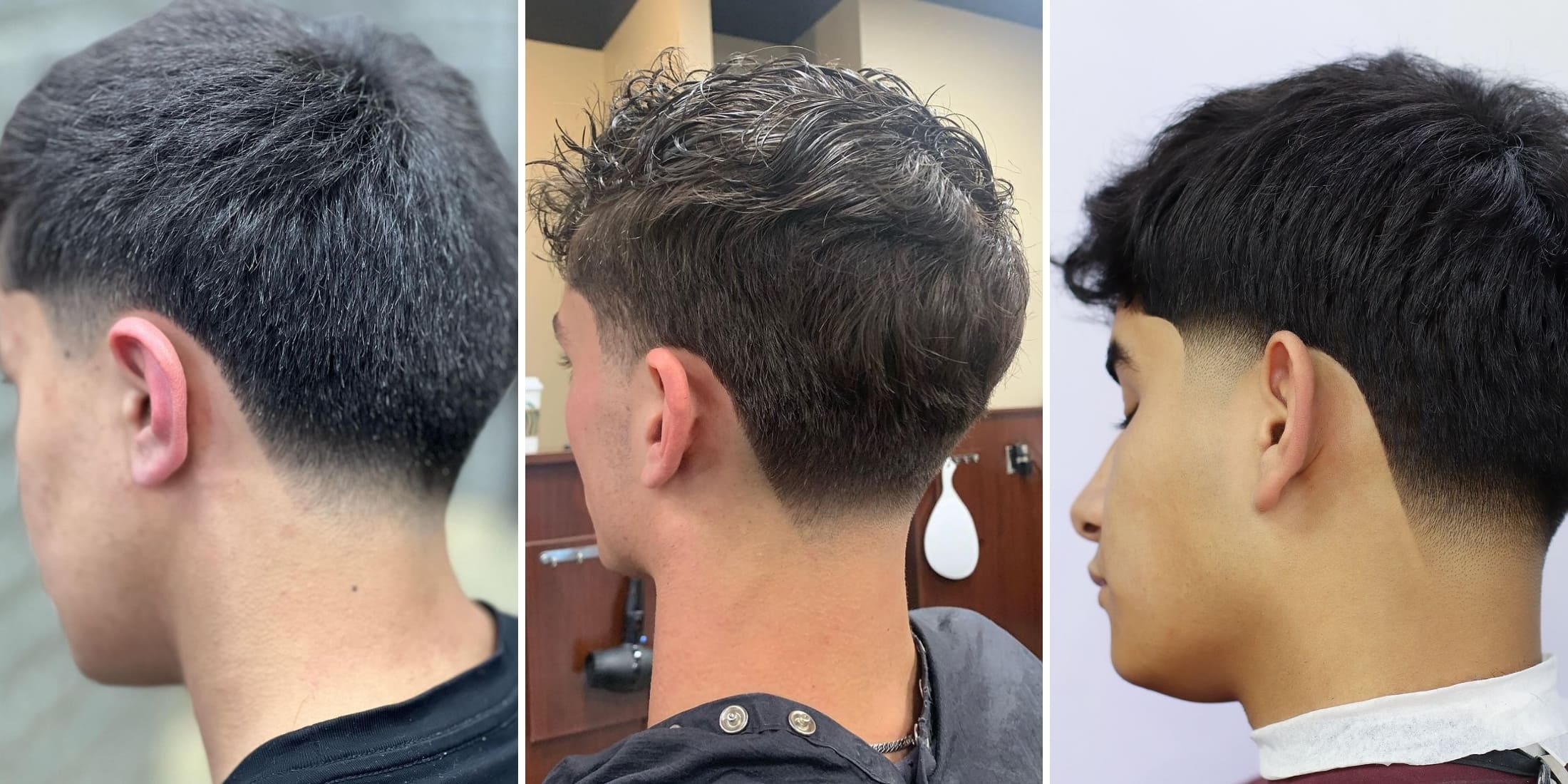 A collage of three side views showcasing different men with low taper haircuts. Each haircut features a gradual fade starting just above the ears, blending seamlessly down to the neckline. The first image shows a man with straight, dark hair, emphasizing the clean lines of the taper. The second image displays a man with wavy hair, highlighting the taper's ability to manage natural texture while maintaining a neat appearance. The third image depicts a man with thick, dark hair, demonstrating how the low taper creates a smooth transition and keeps the hairstyle looking polished and tidy.