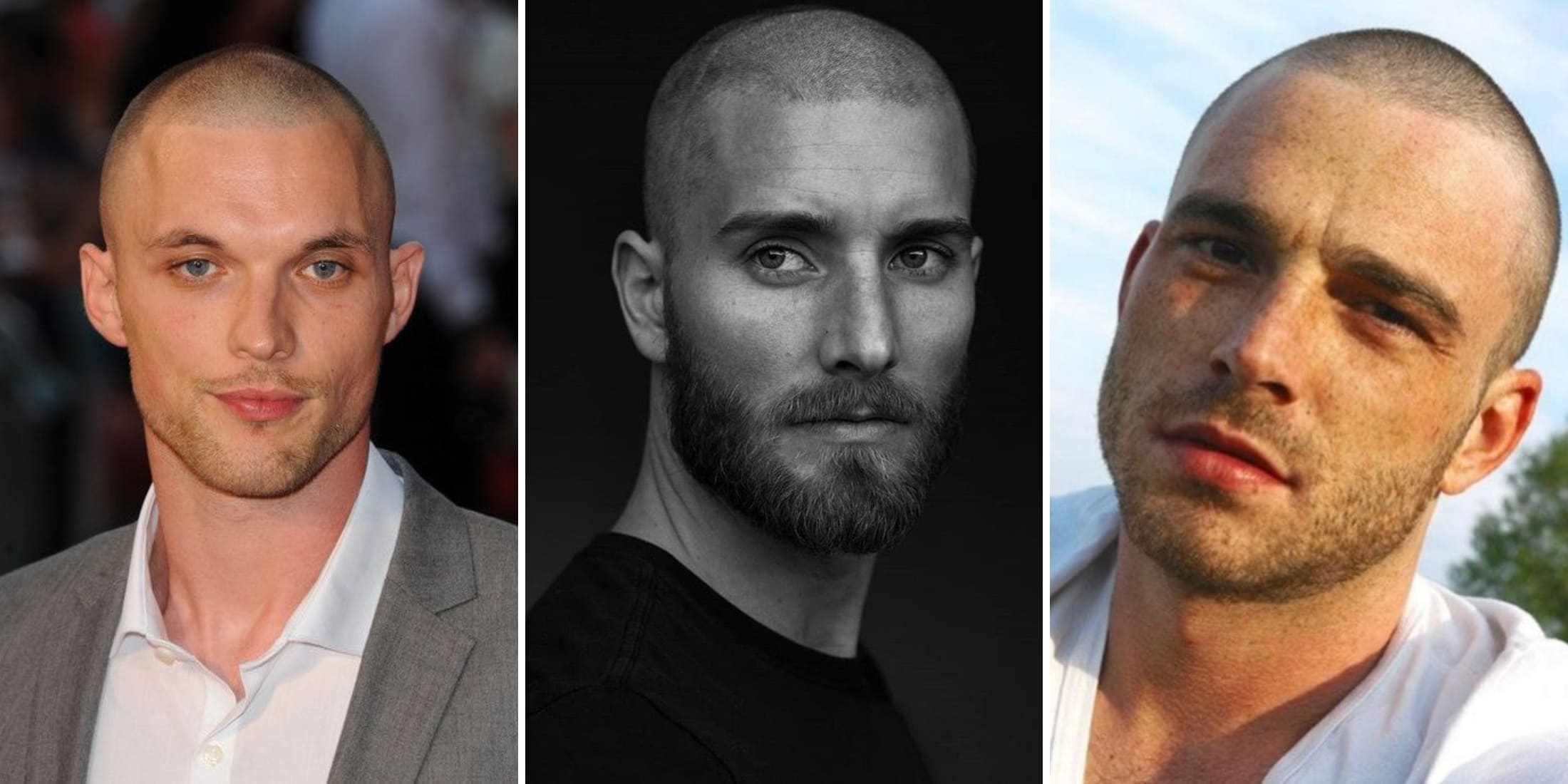 A collage of three men showcasing the Number 1 Buzz Cut. The first man, on the left, has a clean and sleek buzz cut paired with a well-groomed look, wearing a light grey suit and white shirt. The second man, in the middle, has a Number 1 Buzz Cut complemented by a full beard, exuding a rugged and stylish appearance. The third man, on the right, displays a casual and natural vibe with his Number 1 Buzz Cut and light stubble, wearing a white t-shirt against a serene outdoor background.