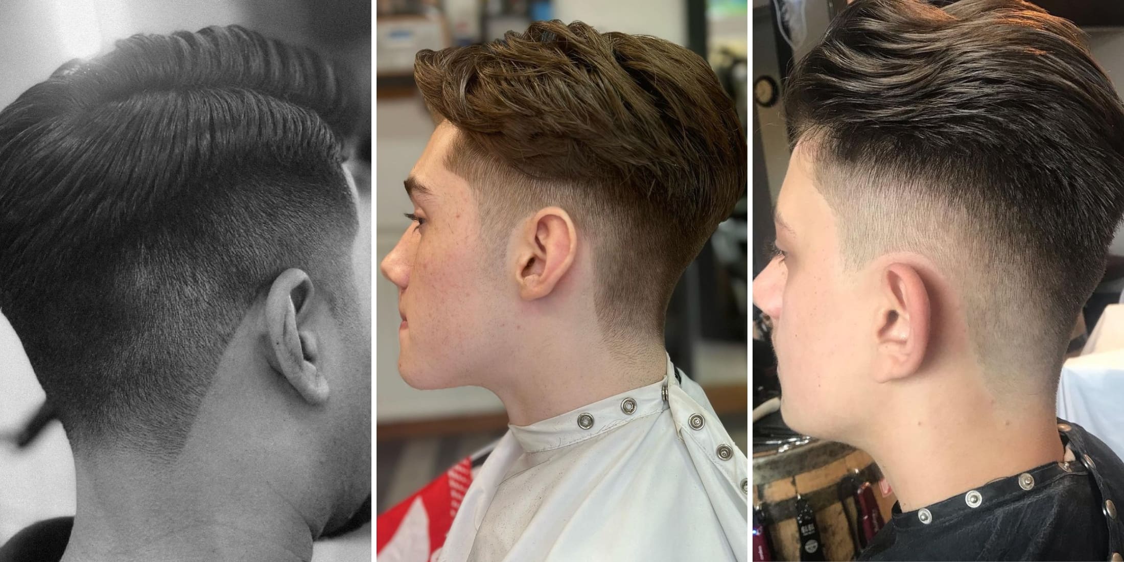 Three young men showcasing variations of the Number 1 Fade haircut. The first man has a high Number 1 Fade with neatly combed, textured hair on top. The second man sports a mid Number 1 Fade with a more relaxed, wavy top. The third man features a low Number 1 Fade with a slightly longer, tousled top. Each style highlights the gradual transition from the very short, clipped sides to the longer hair on top, emphasizing the clean and sharp look characteristic of the Number 1 Fade.