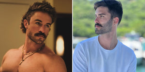 Two men showcasing beardstache styles. The left man has a classic beardstache with a thick mustache and short beard. The right man has a heavy stubble beardstache.