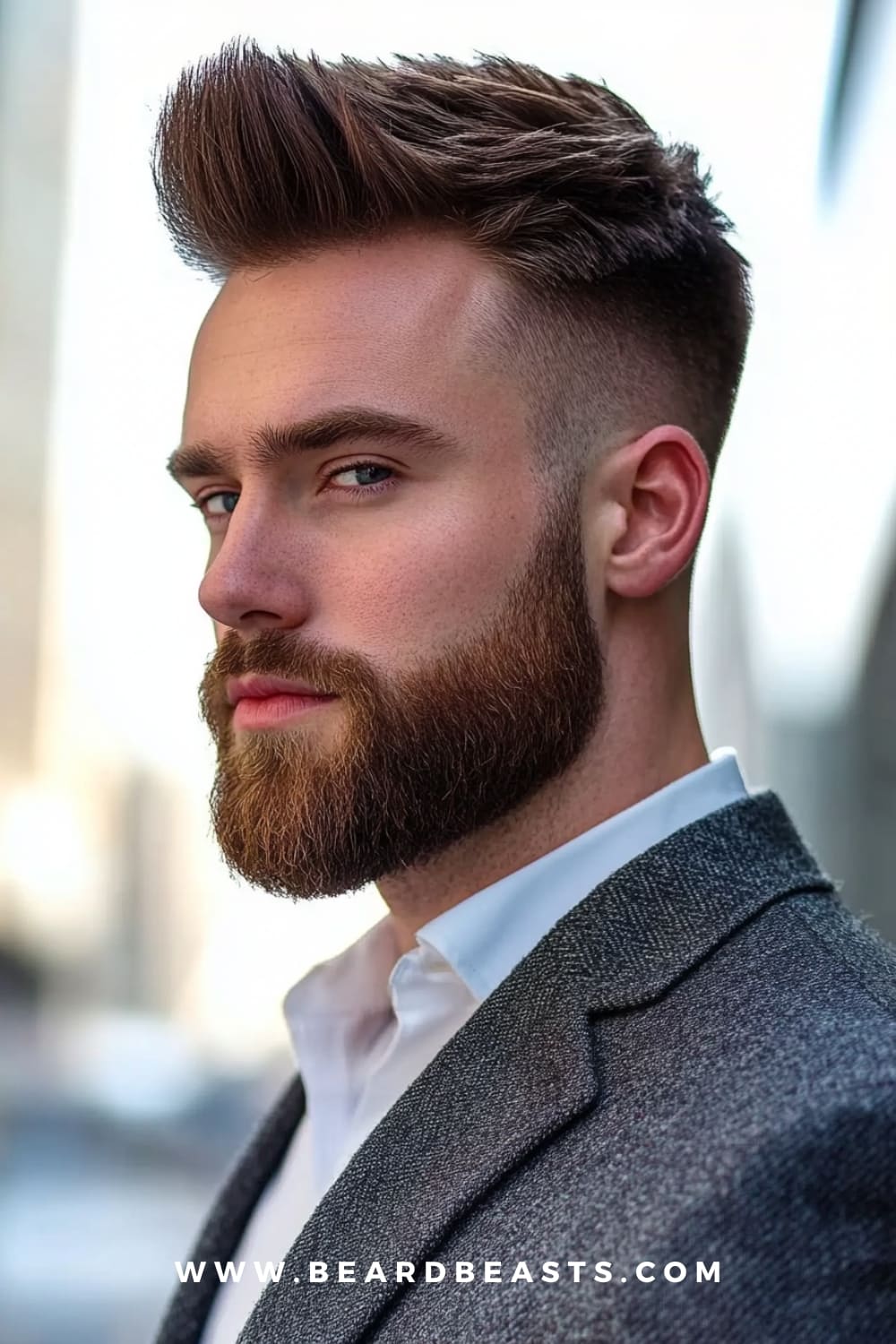 Man with a stylish faux hawk haircut and well-groomed beard, dressed in formal attire. The faux hawk is a trendy and bold choice offering a modern, edgy look with minimal styling required.