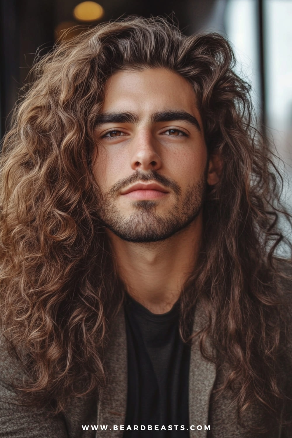 Man with voluminous, natural curls and a neatly trimmed beard, exuding confidence and style. The textured, full-bodied curls create a striking and bold look, making this a standout example of men's hairstyles for long hair, ideal for those embracing their natural hair texture.