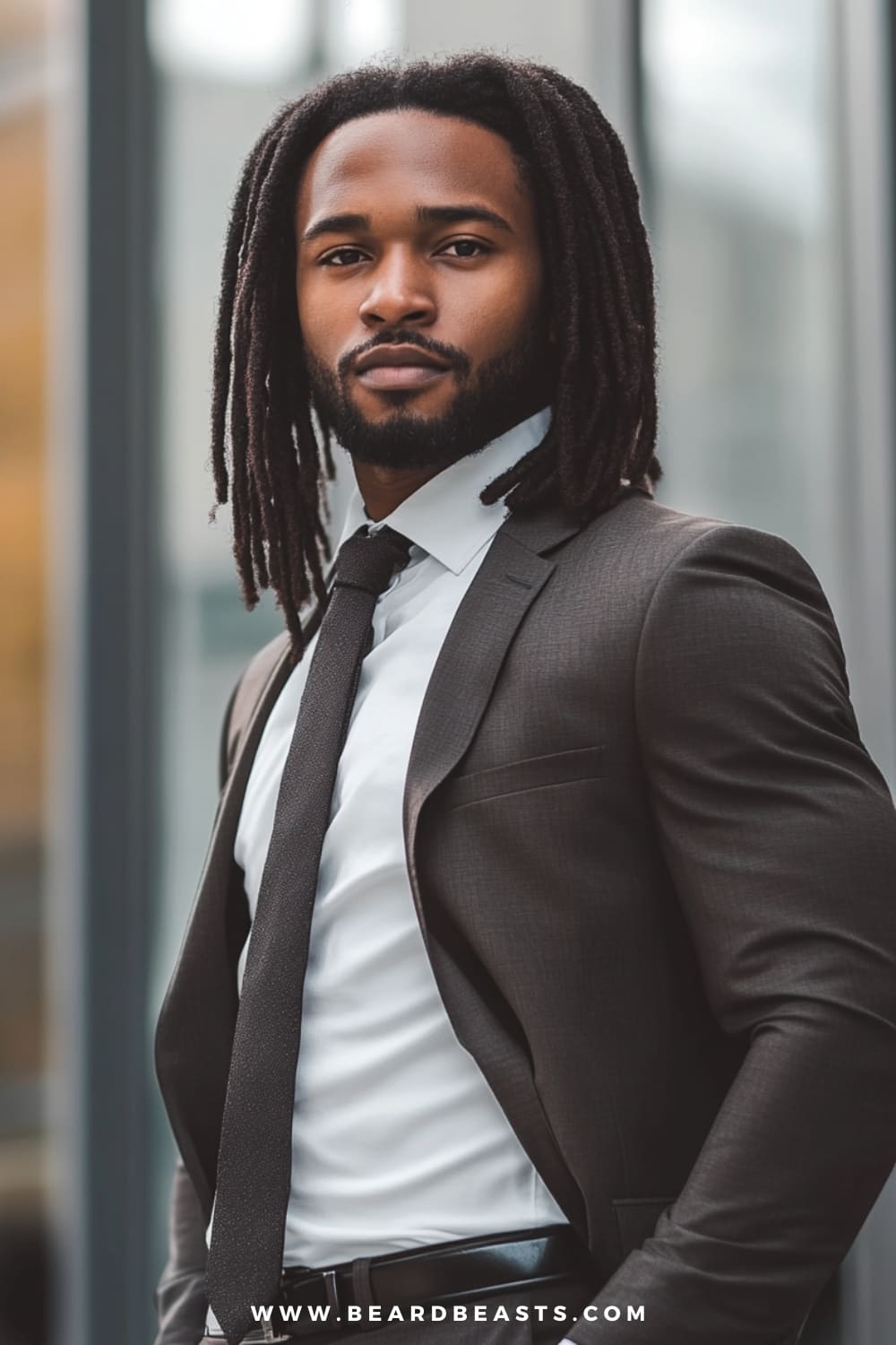 Man with long, well-maintained dreadlocks and a neatly groomed beard, wearing a sharp suit and tie. This polished, professional look highlights the versatility of men's hairstyles for long hair, with dreadlocks offering a stylish yet culturally rich expression that suits both formal and casual settings.