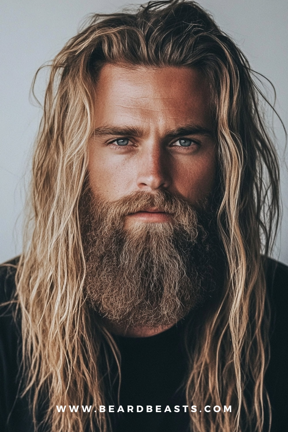 Man with long, flowing hair and a full beard, showcasing a rugged yet stylish look. Long hair is a bold and natural choice offering a laid-back style that requires minimal trimming and upkeep.