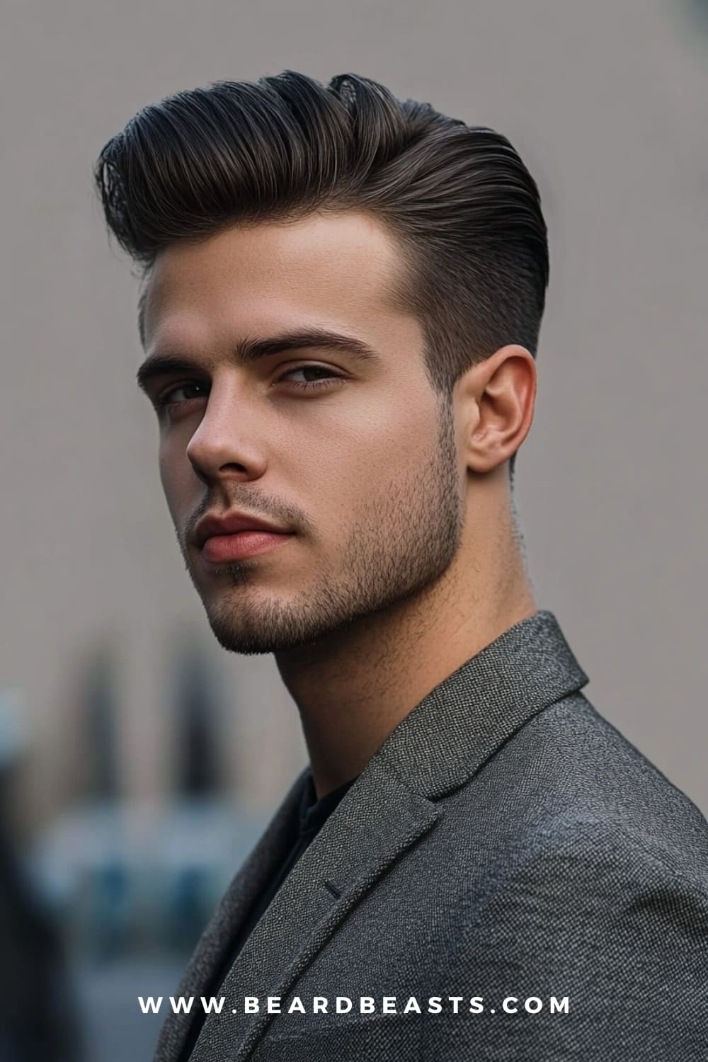 Man with a modern pompadour hairstyle, showcasing a sleek and voluminous look, paired with light facial hair. The modern pompadour is a stylish choice among low maintenance haircuts for men, offering a bold and polished appearance with minimal daily upkeep.