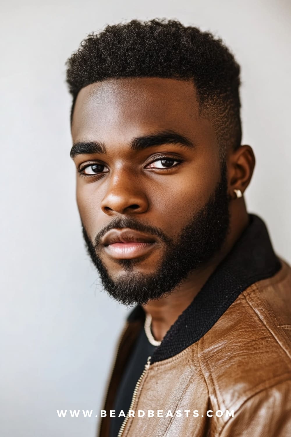 Man with a short afro hairstyle and well-groomed beard, wearing a casual jacket. The short afro is a great option among low maintenance haircuts for men, offering a natural and stylish look that requires minimal upkeep while enhancing texture.